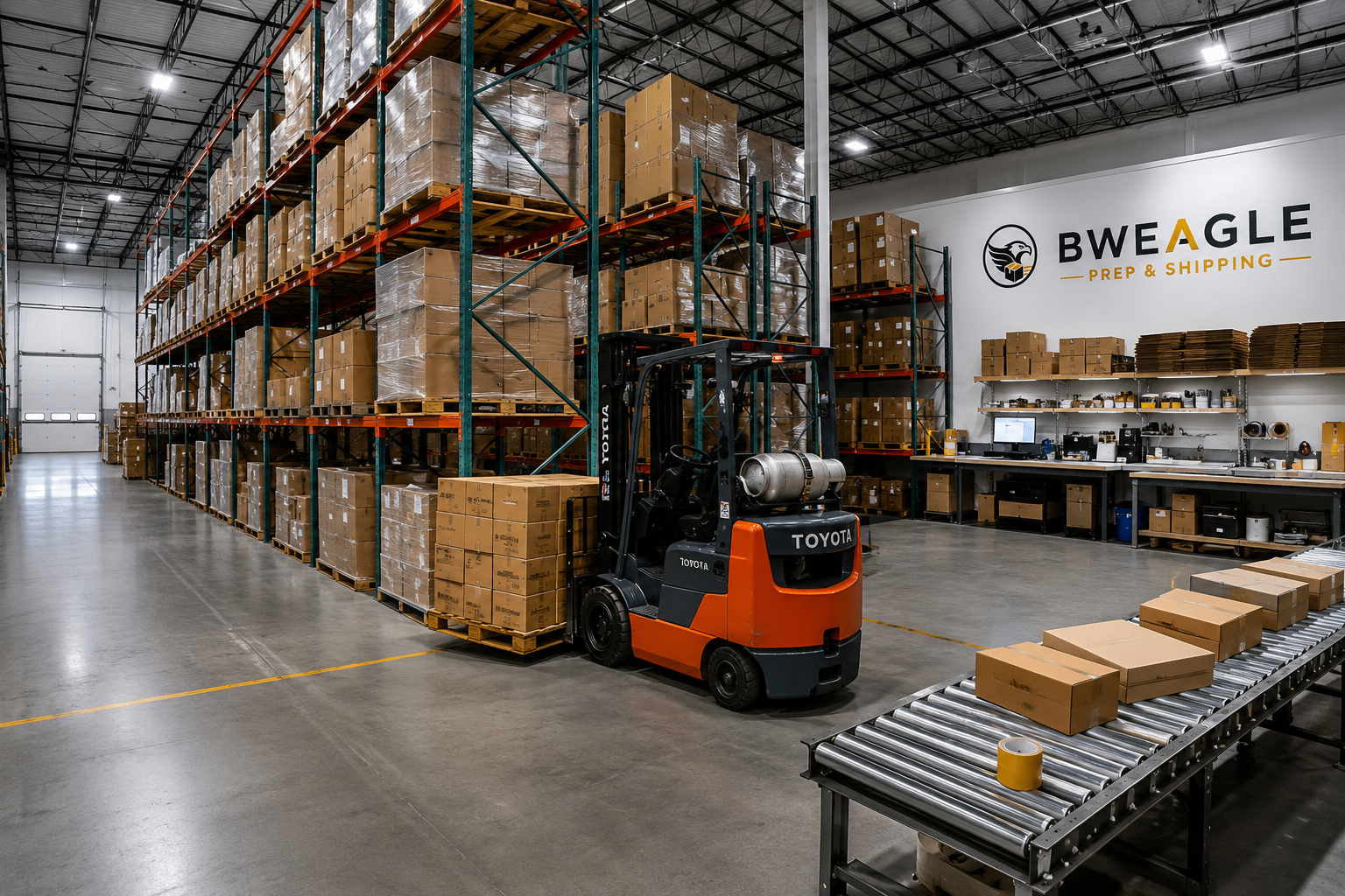 Dark warehouse interior with pallets, boxes and forklift